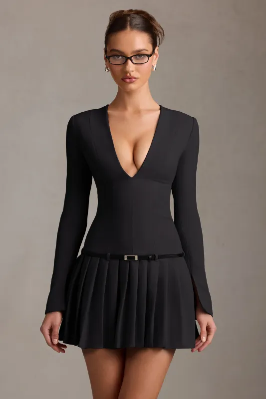 Long-Sleeve Pleated Mini Dress in Black sold by Oh Polly