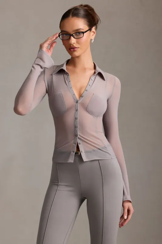 Sheer Long-Sleeve Shirt in Grey sold by Oh Polly