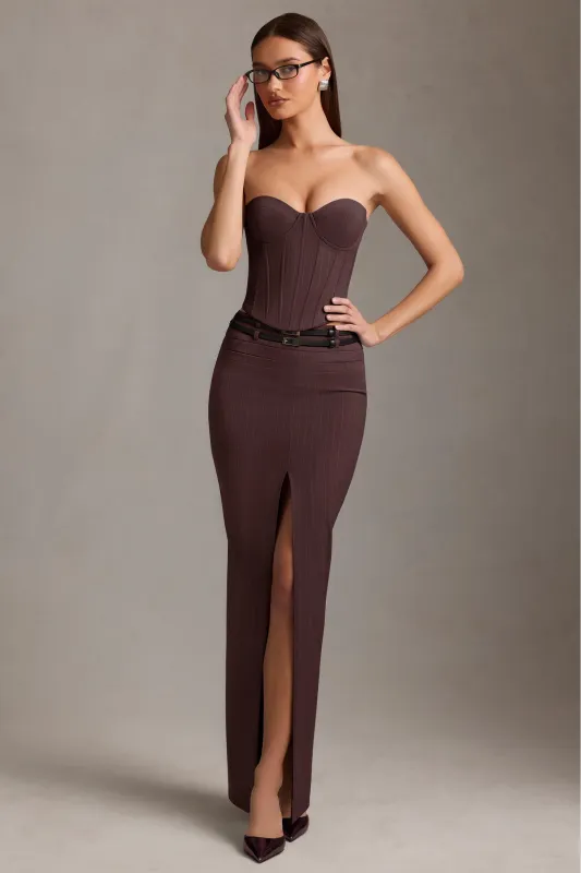 Pinstripe Low-Rise Maxi Skirt in Chocolate Brown made by Oh Polly