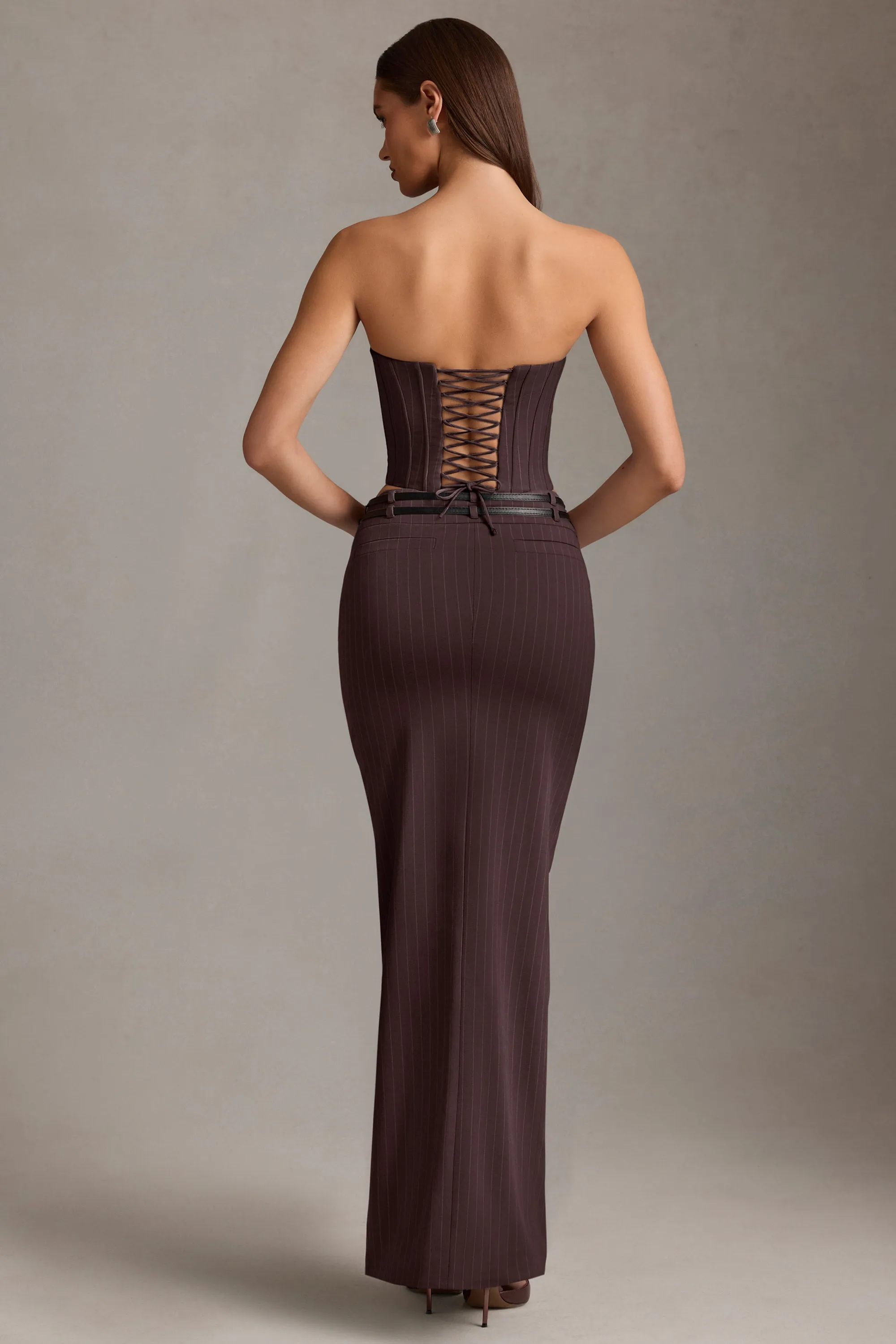 Pinstripe Low-Rise Maxi Skirt in Chocolate Brown sold by Oh Polly product image thumbnail 2