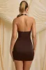 Slinky Jersey Ruched Halterneck Mini Dress in Chocolate Brown sold by Oh Polly