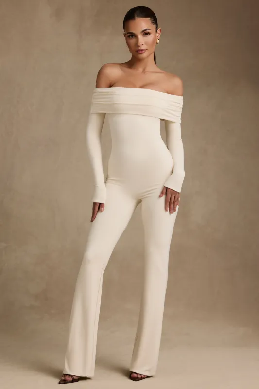 Modal Off-Shoulder Ruched Jumpsuit in Ivory sold by Oh Polly