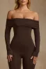 Modal Off-Shoulder Ruched Jumpsuit in Chocolate Brown sold by Oh Polly
