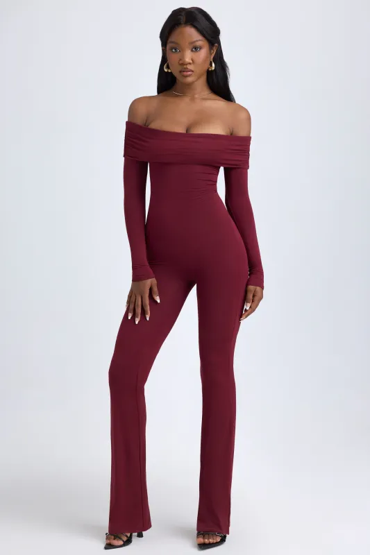 Modal Off-Shoulder Ruched Jumpsuit in Wine Red sold by Oh Polly