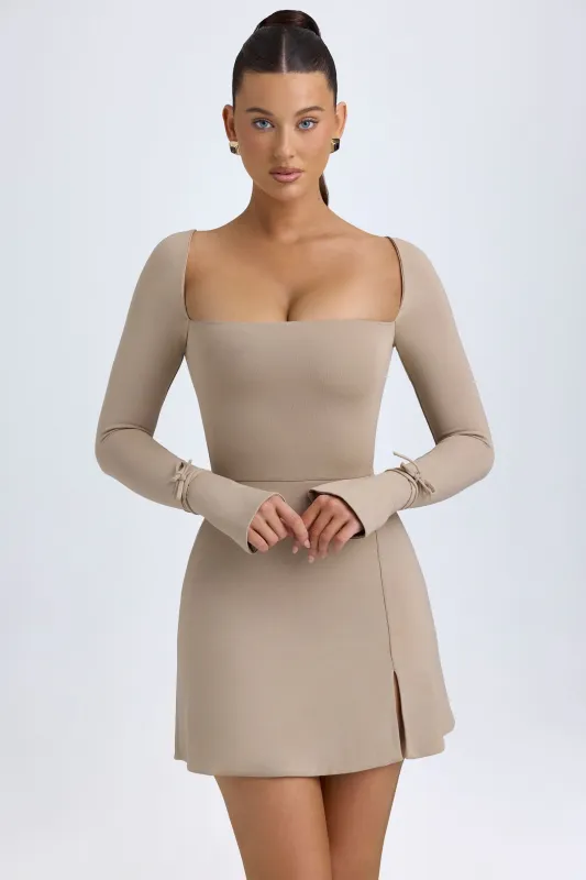 Modal Square-Neck A-Line Mini Dress in Taupe sold by Oh Polly