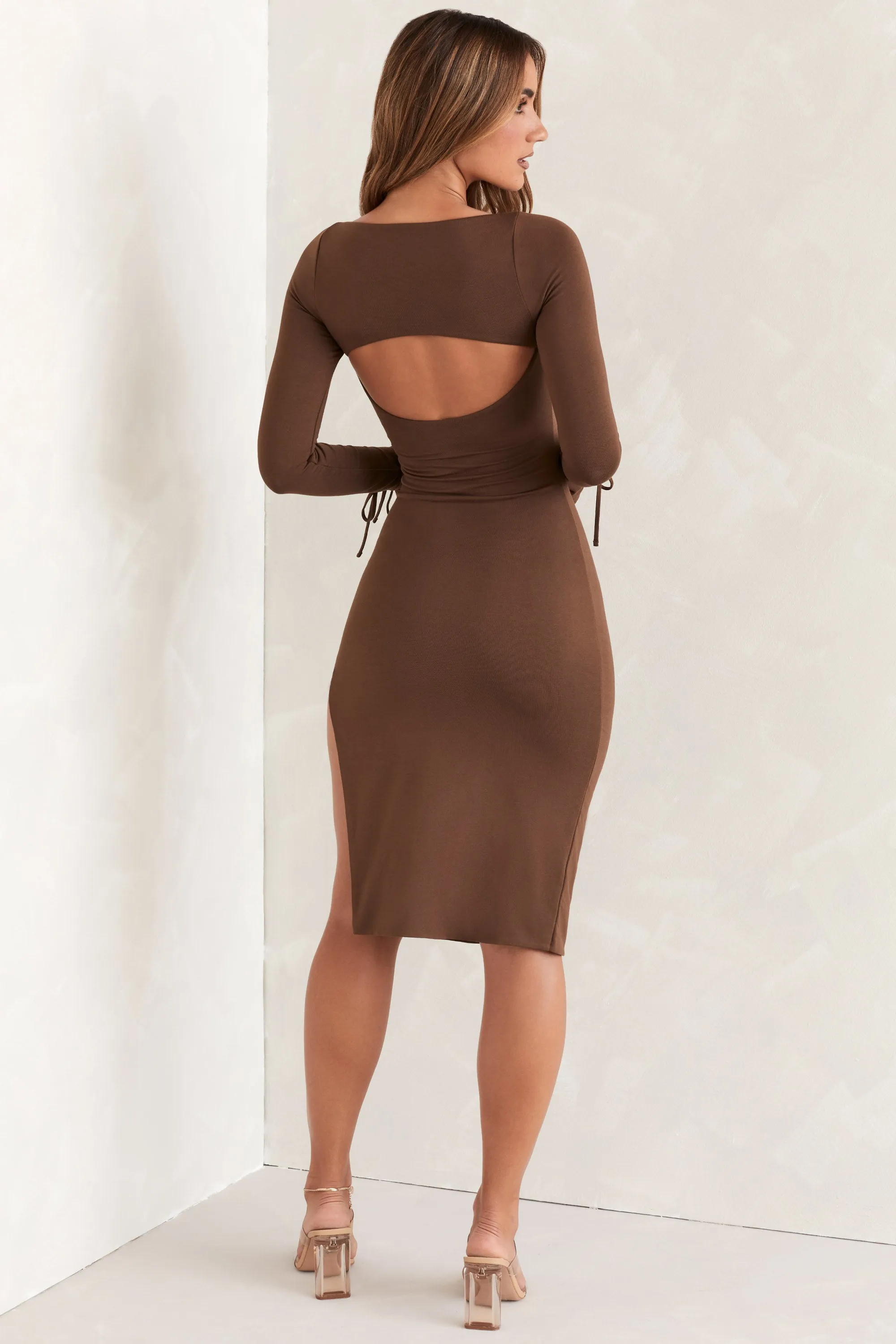 Square Neck Long Sleeve Midi Dress in Brown sold by Oh Polly product image thumbnail 2