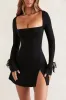 Square Neck Long Sleeve Mini Dress in Black sold by Oh Polly