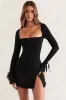Square Neck Long Sleeve Mini Dress in Black sold by Oh Polly