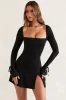 Square Neck Long Sleeve Mini Dress in Black sold by Oh Polly