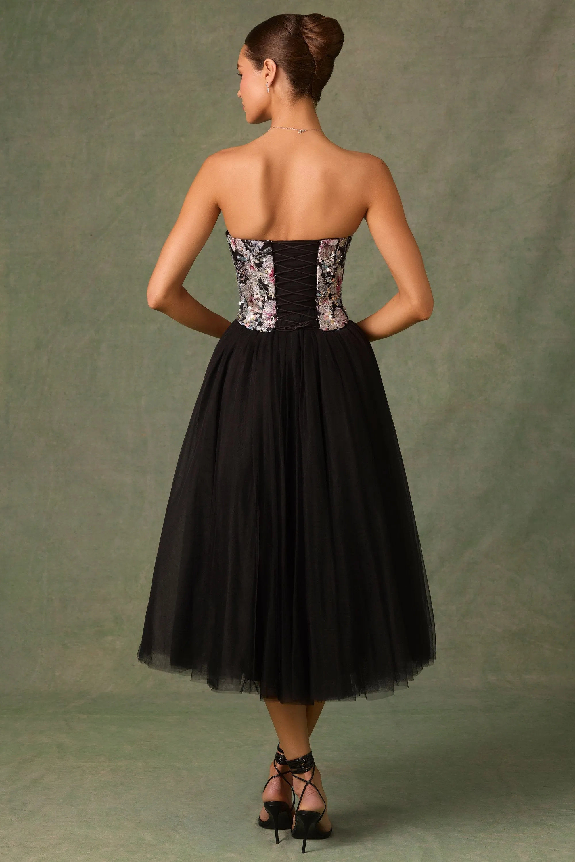 Embellished Lace-Up Cupless Corset in Floral Black sold by Oh Polly product image thumbnail 3