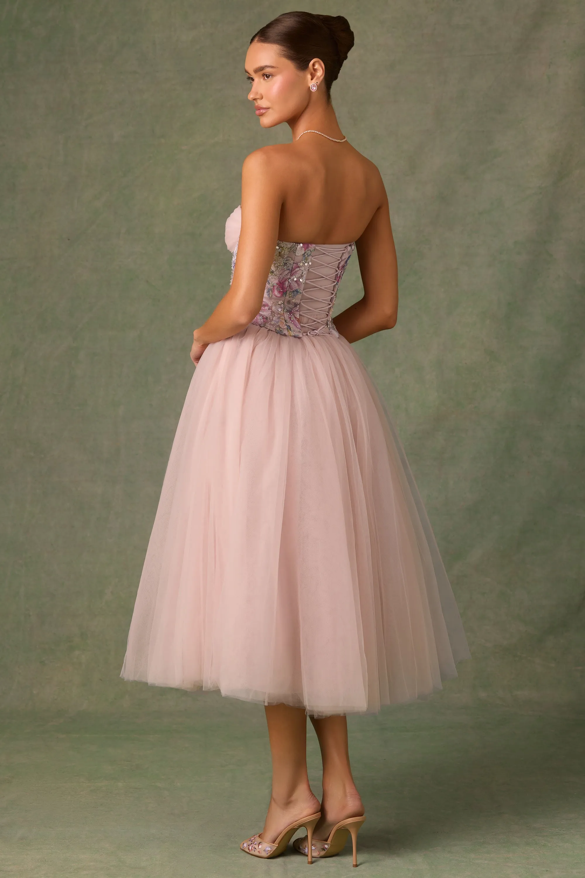 Embellished Lace-Up Cupless Corset in Floral Pink sold by Oh Polly product image thumbnail 3