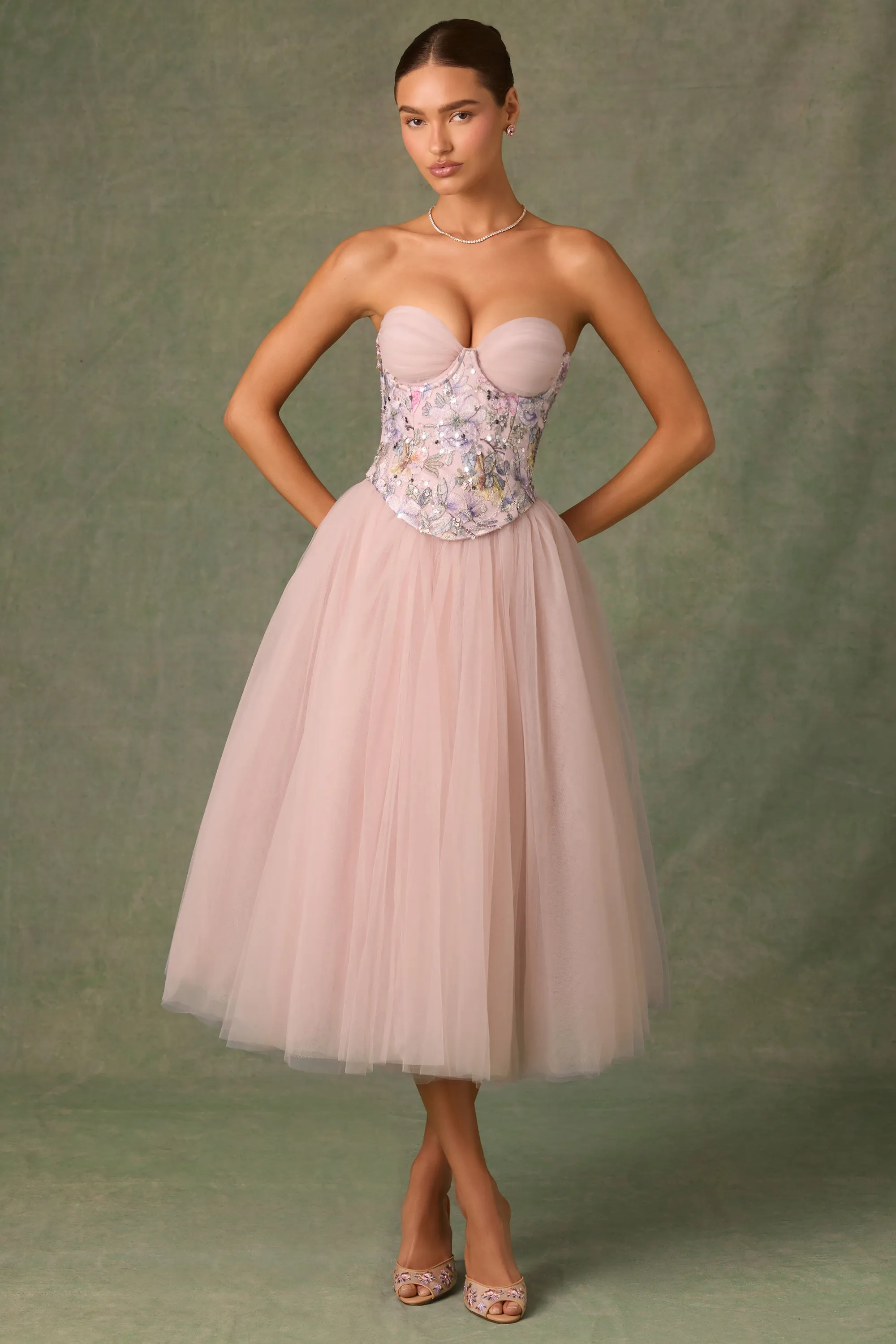 Embellished Lace-Up Cupless Corset in Floral Pink sold by Oh Polly