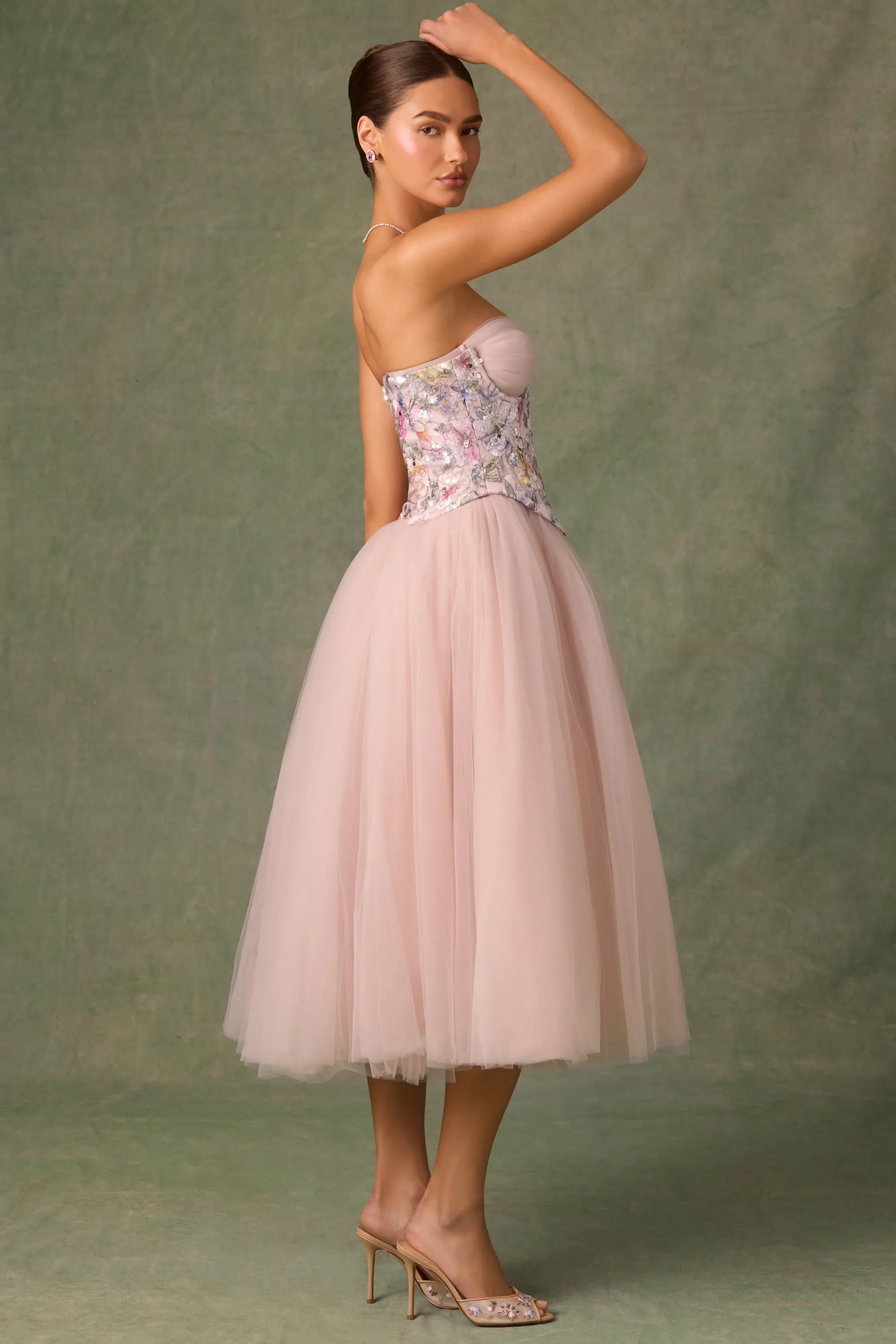 Embellished Lace-Up Cupless Corset in Floral Pink sold by Oh Polly product image thumbnail 4