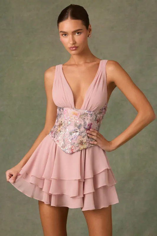 Embellished Ruffled Corset Mini Dress in Floral Pink sold by Oh Polly