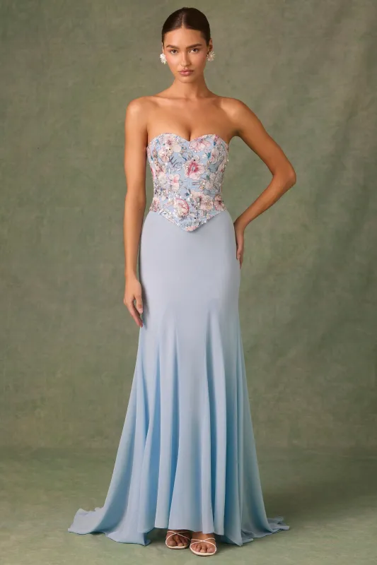 Embellished Corset Fishtail Gown in Floral Blue sold by Oh Polly