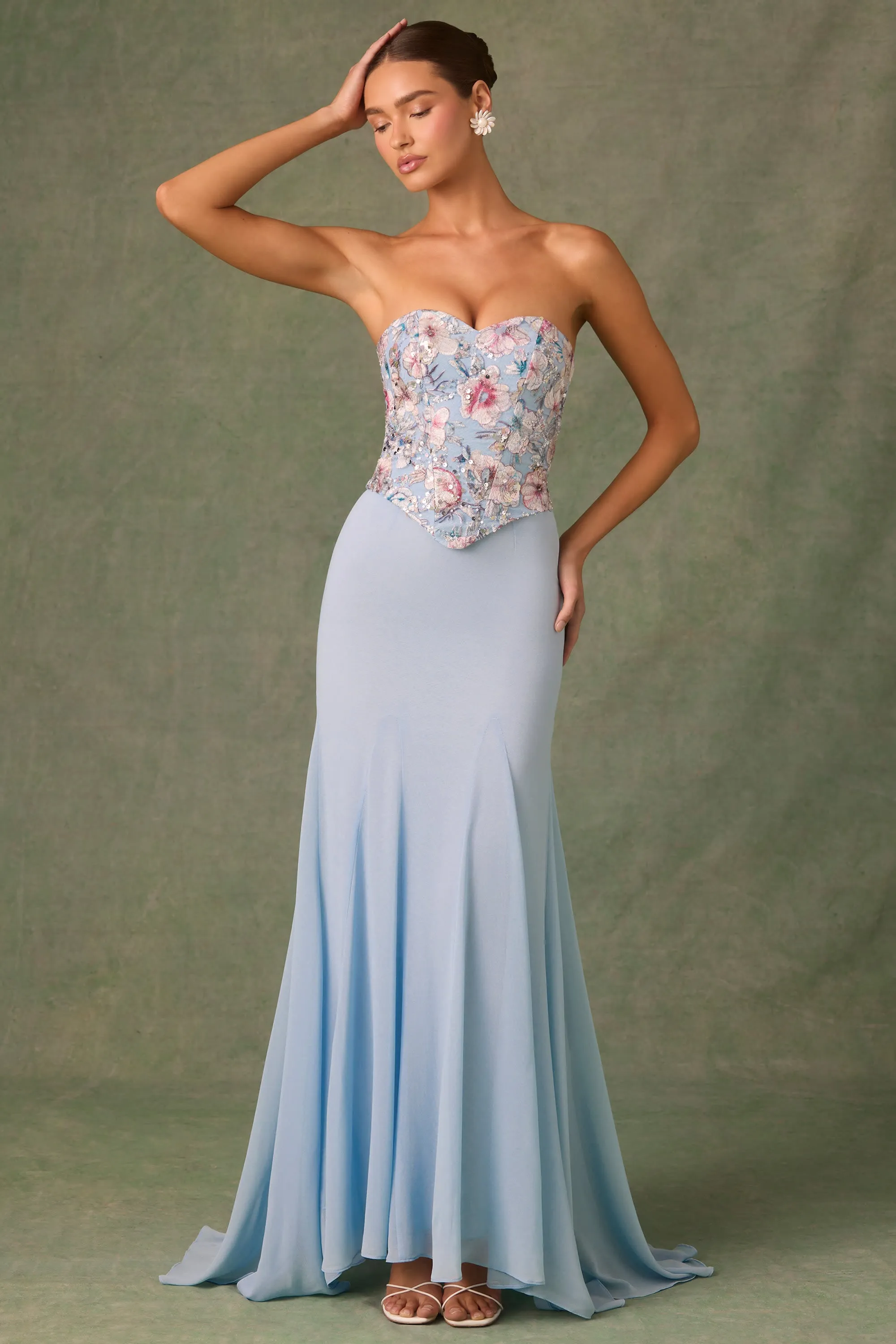 Embellished Corset Fishtail Gown in Floral Blue sold by Oh Polly product image thumbnail 5