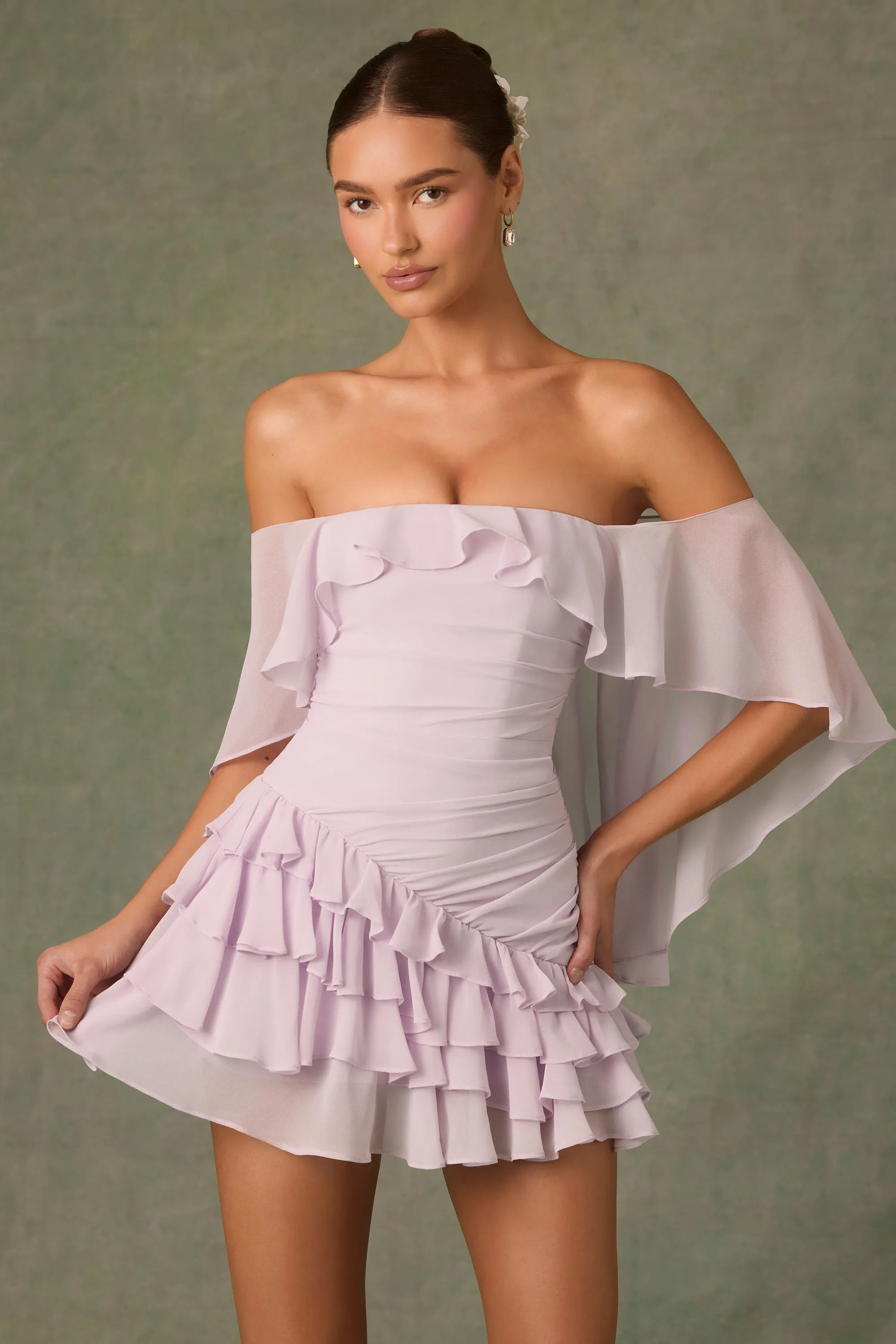 Off-Shoulder Ruffled Mini Dress in Lilac sold by Oh Polly