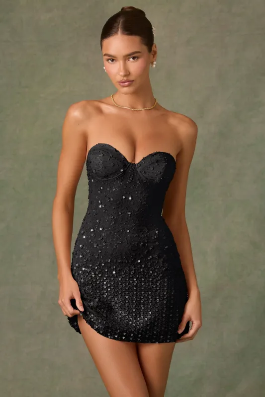 Embellished Sweetheart-Neck A-Line Mini Dress in Black sold by Oh Polly