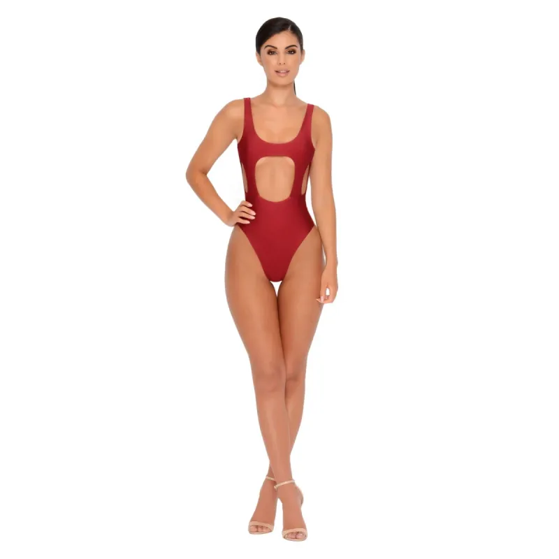Hole In One Cut Out High Leg Swimsuit in Red sold by Oh Polly