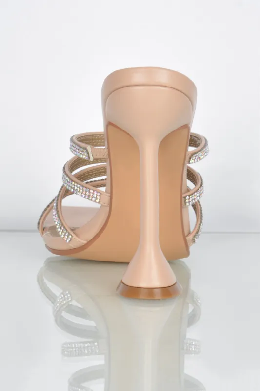Raise The Bar Diamante Embellished Mule Heels in Nude sold by Oh Polly