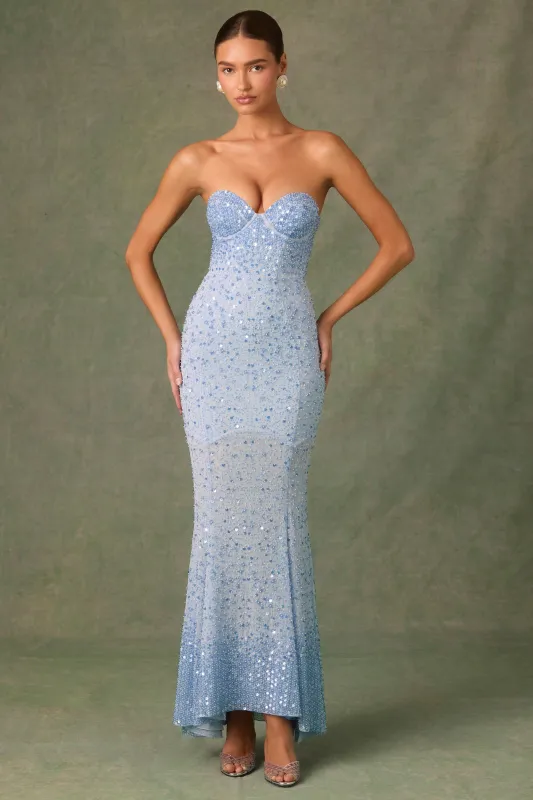 Embellished Sweetheart-Neck Fishtail Gown in Sky Blue sold by Oh Polly