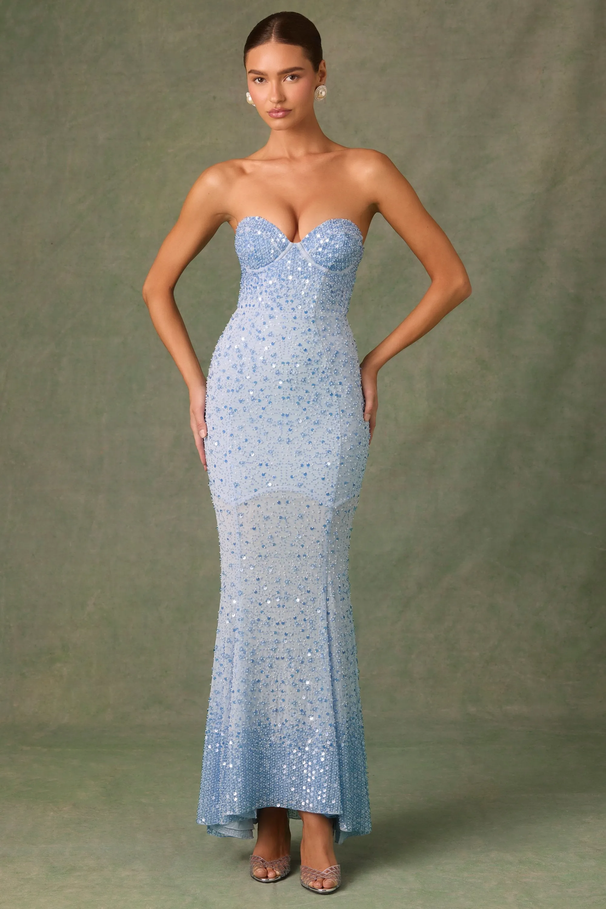 Embellished Sweetheart-Neck Fishtail Gown in Sky Blue sold by Oh Polly