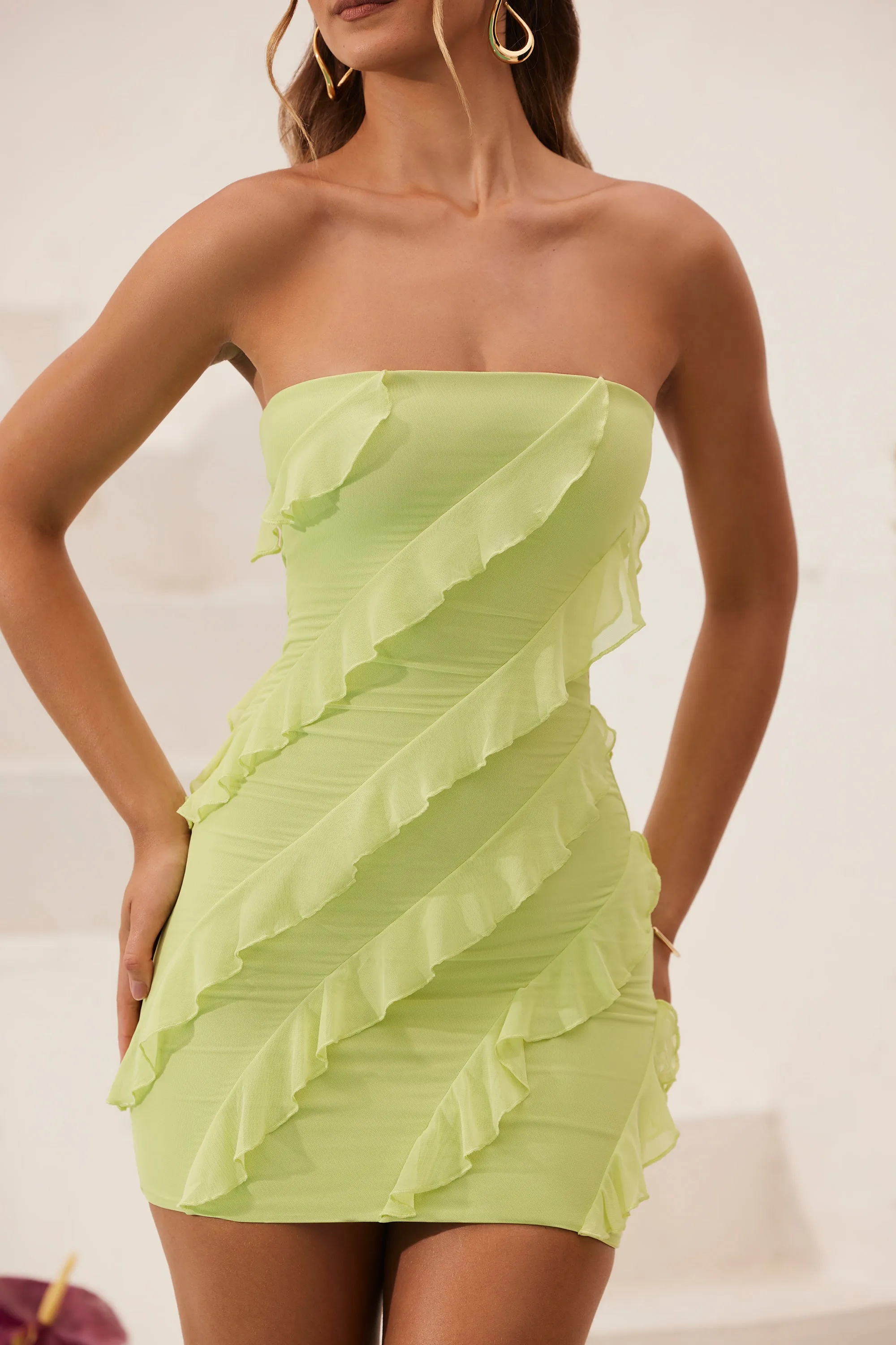 Bandeau Ruffle Detail Mini Dress in Lime Green sold by Oh Polly product image thumbnail 4
