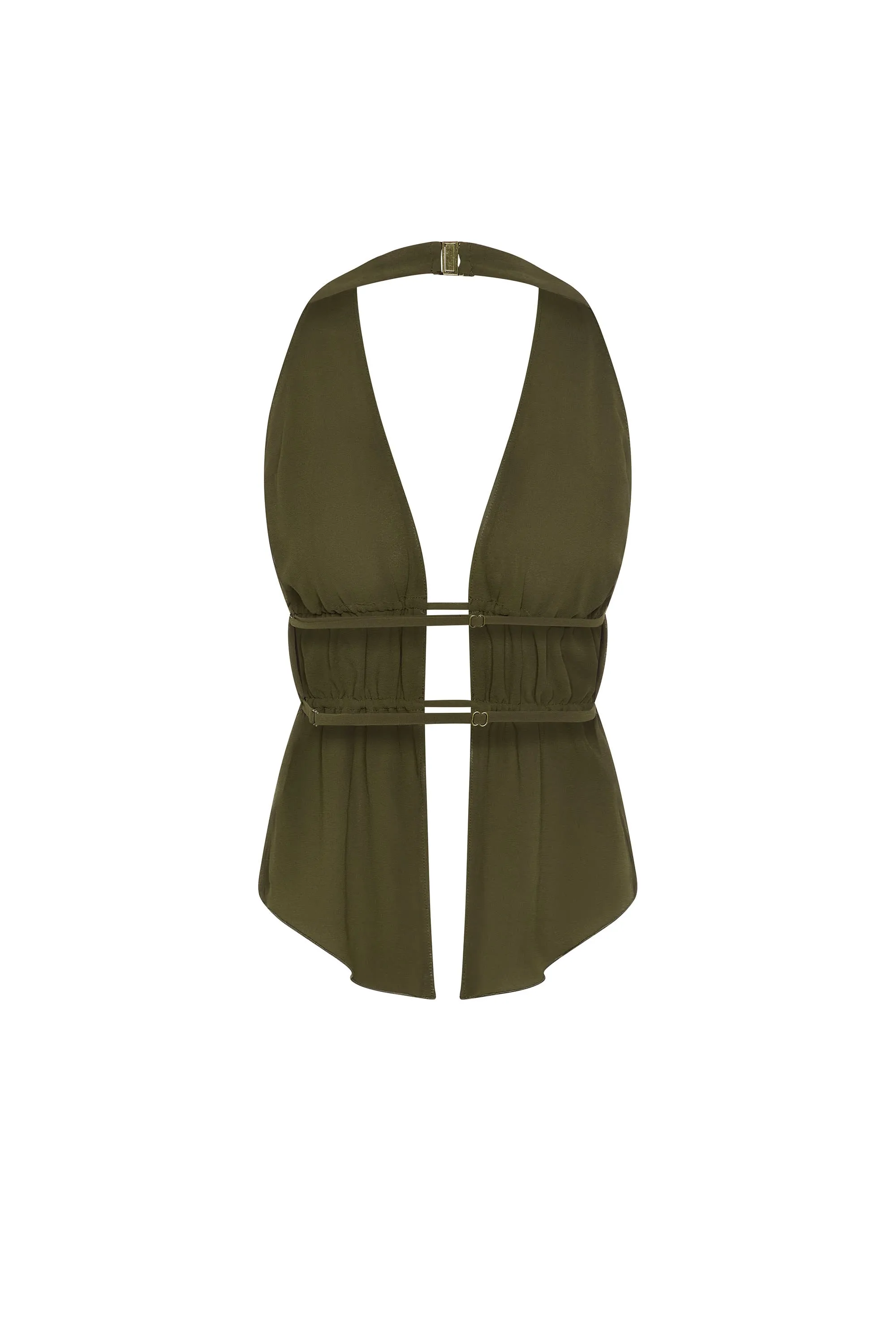 Cut-Out Semi-Sheer Ruched Halterneck Crop Top in Dark Khaki sold by Oh Polly product image thumbnail 4