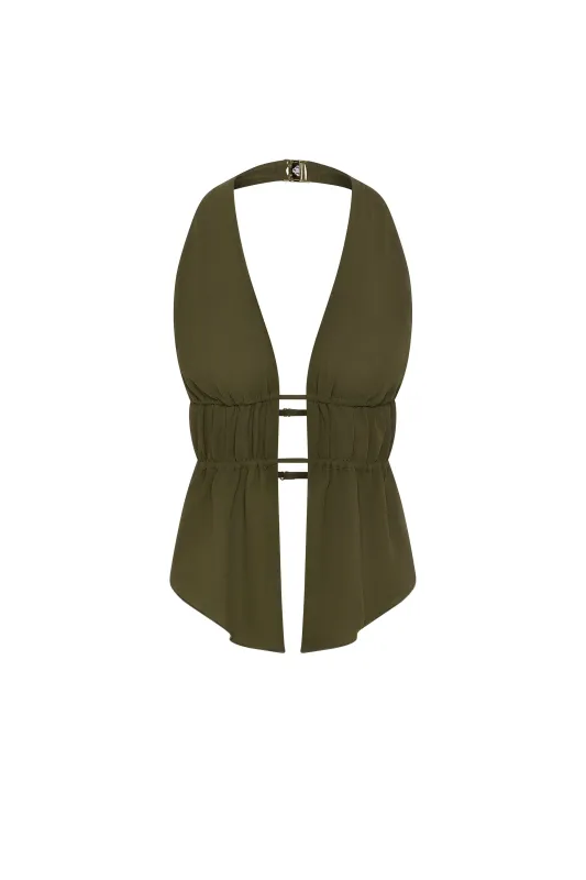 Cut-Out Semi-Sheer Ruched Halterneck Crop Top in Dark Khaki sold by Oh Polly