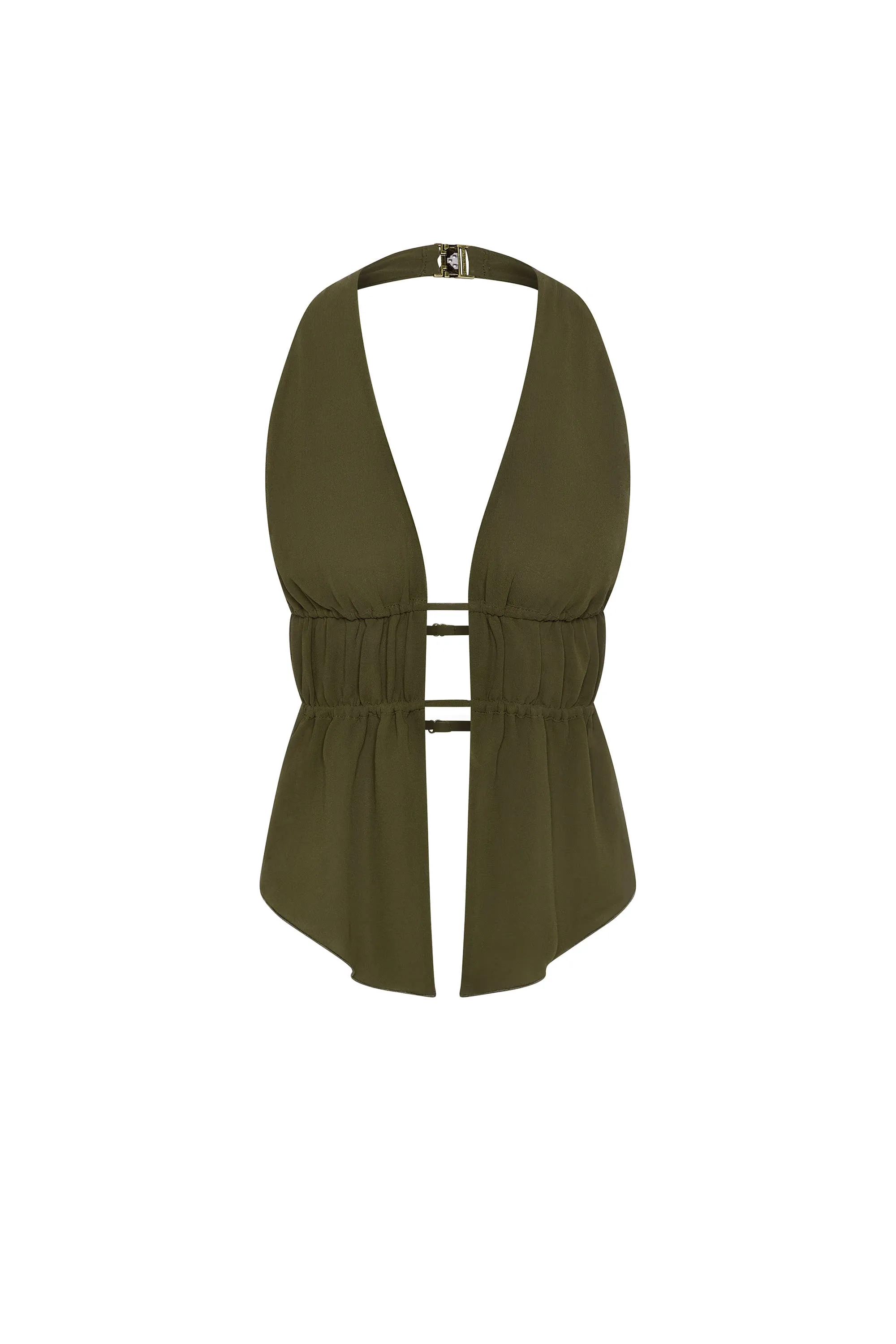 Cut-Out Semi-Sheer Ruched Halterneck Crop Top in Dark Khaki sold by Oh Polly