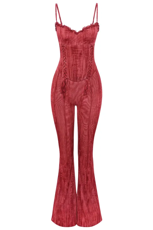 Lace-Up Ruffled Flared Jumpsuit in Red Print sold by Oh Polly