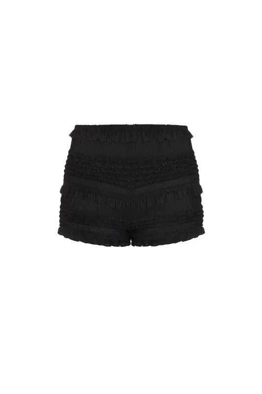Ruffled Mid-Rise Shorts in Black sold by Oh Polly