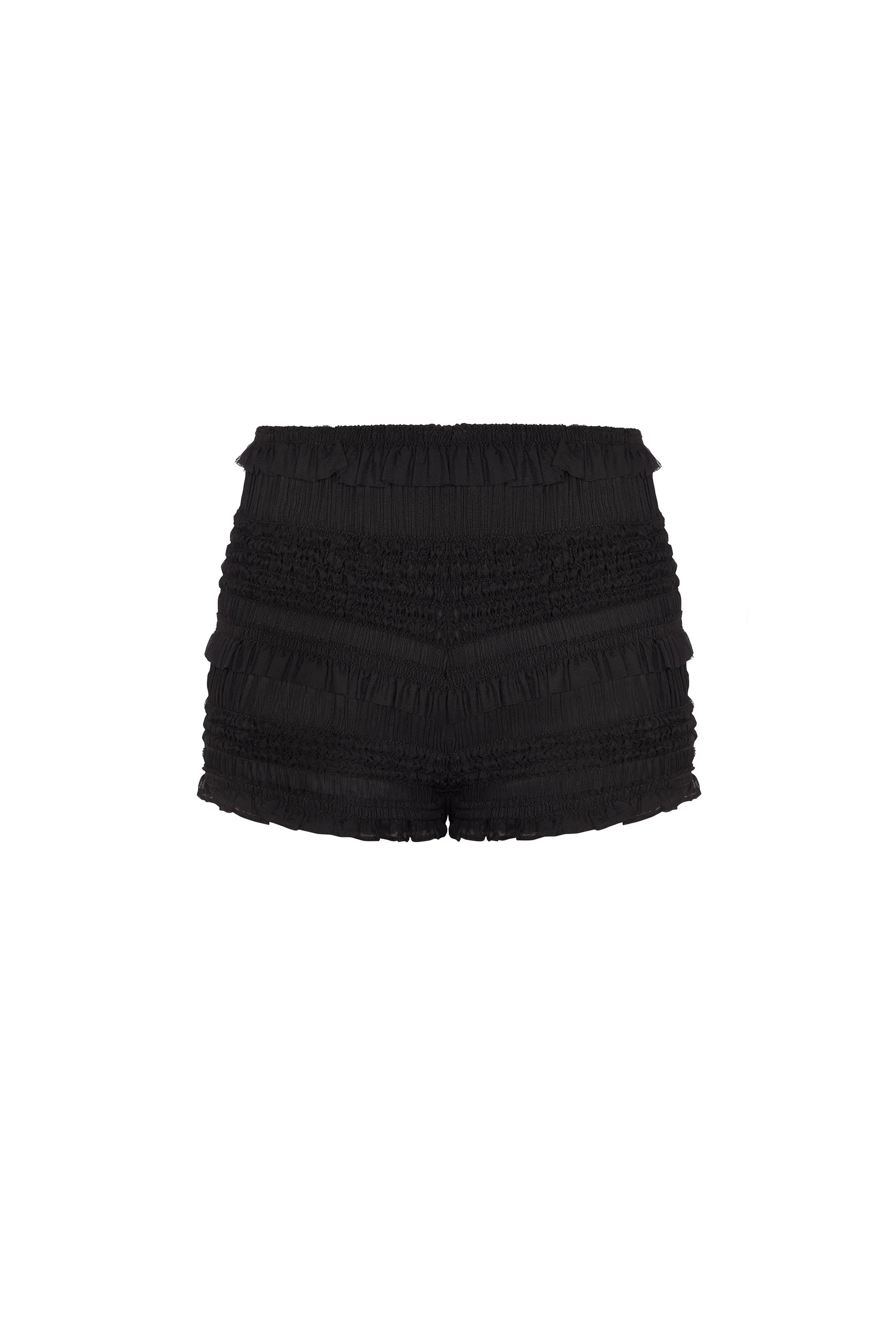 Ruffled Mid-Rise Shorts in Black sold by Oh Polly