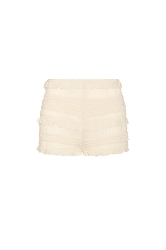 Ruffled Mid-Rise Shorts in Ivory sold by Oh Polly