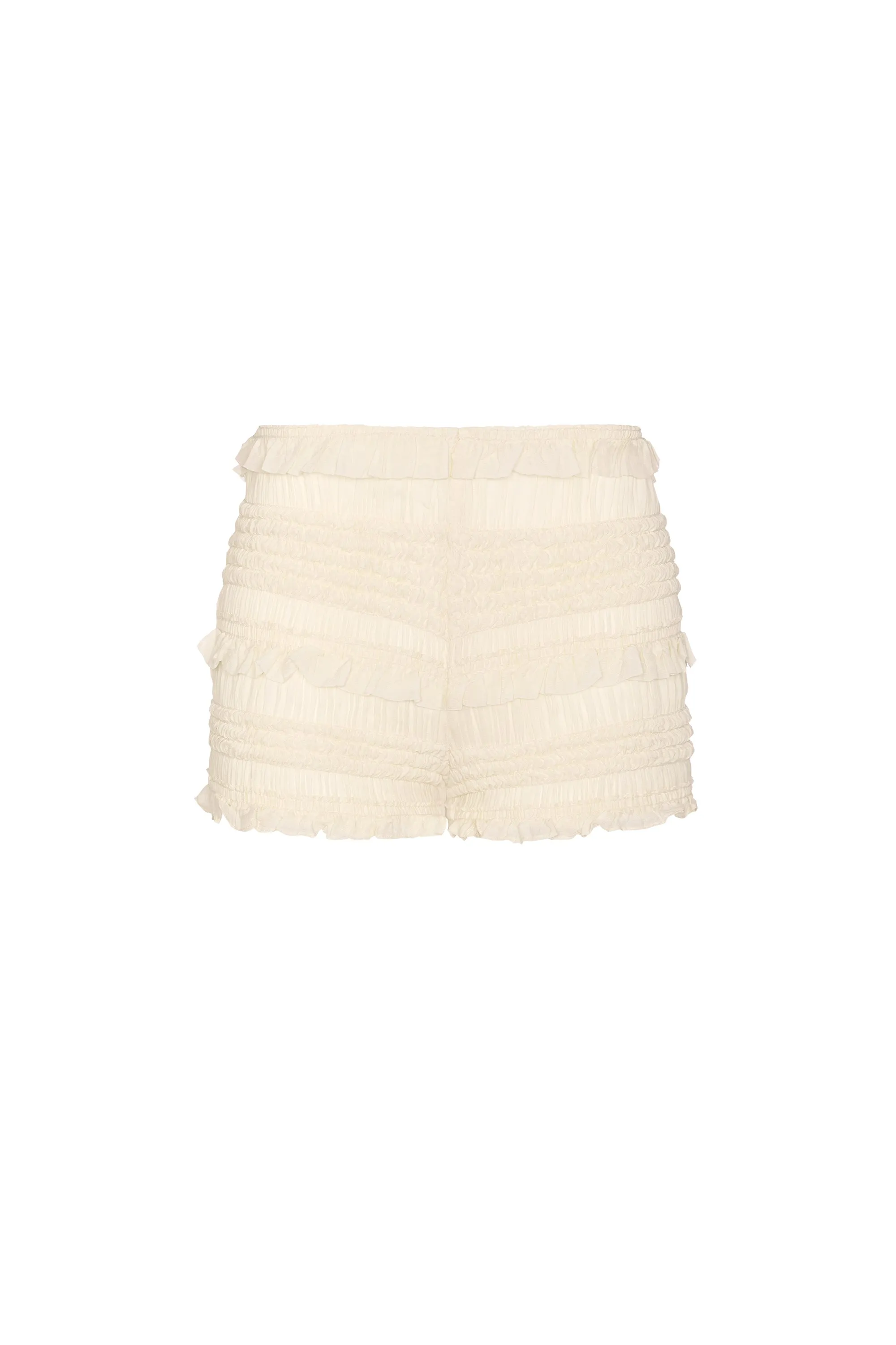 Ruffled Mid-Rise Shorts in Ivory sold by Oh Polly