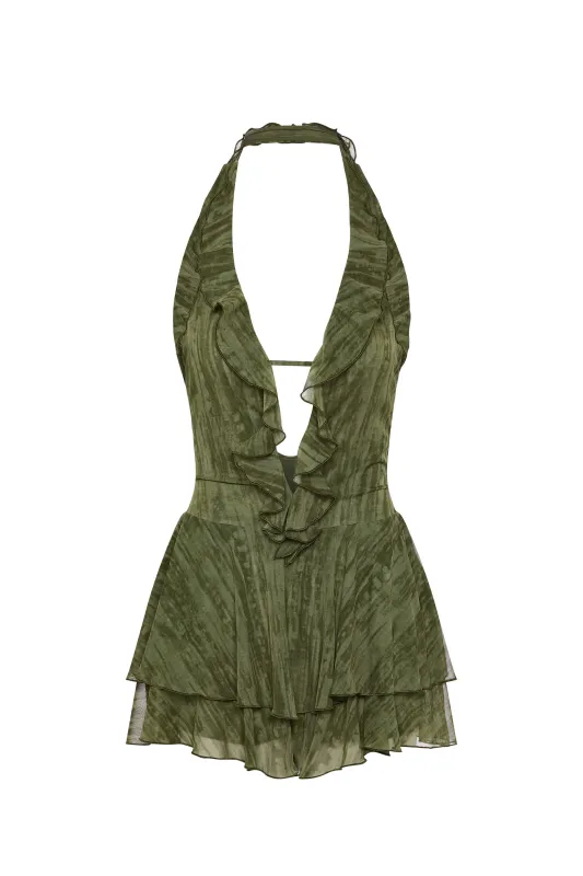 Ruffled Plunge Halterneck Playsuit in Green Print sold by Oh Polly