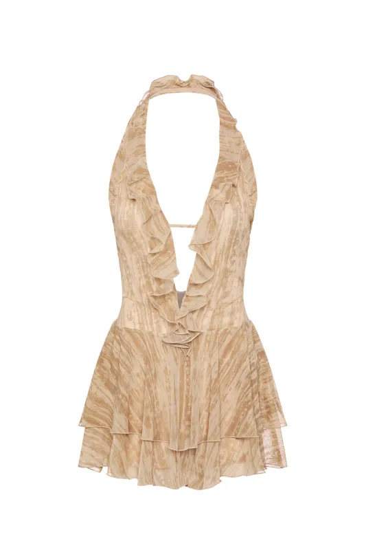 Ruffled Plunge Halterneck Playsuit in Tan Print sold by Oh Polly