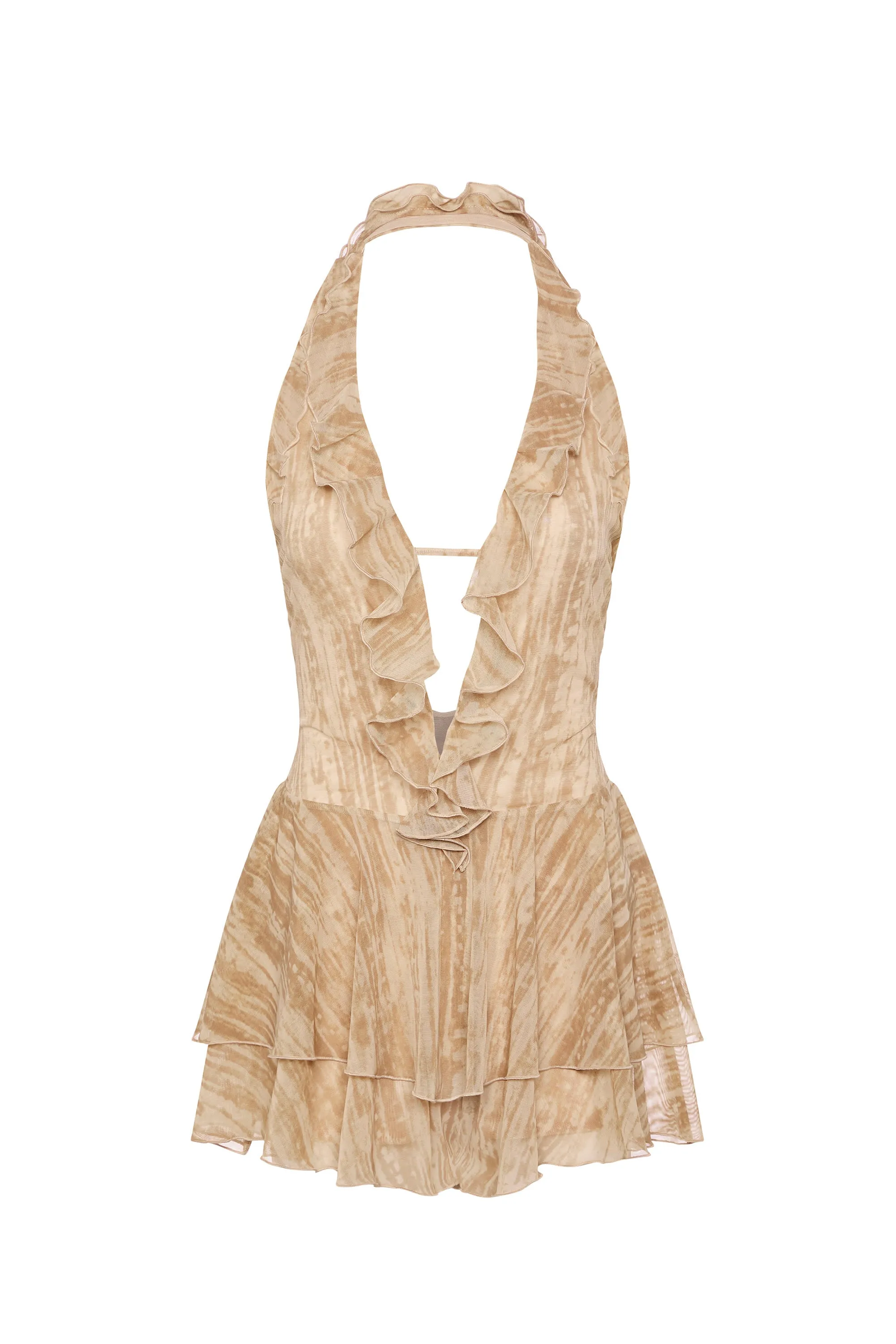 Ruffled Plunge Halterneck Playsuit in Tan Print sold by Oh Polly