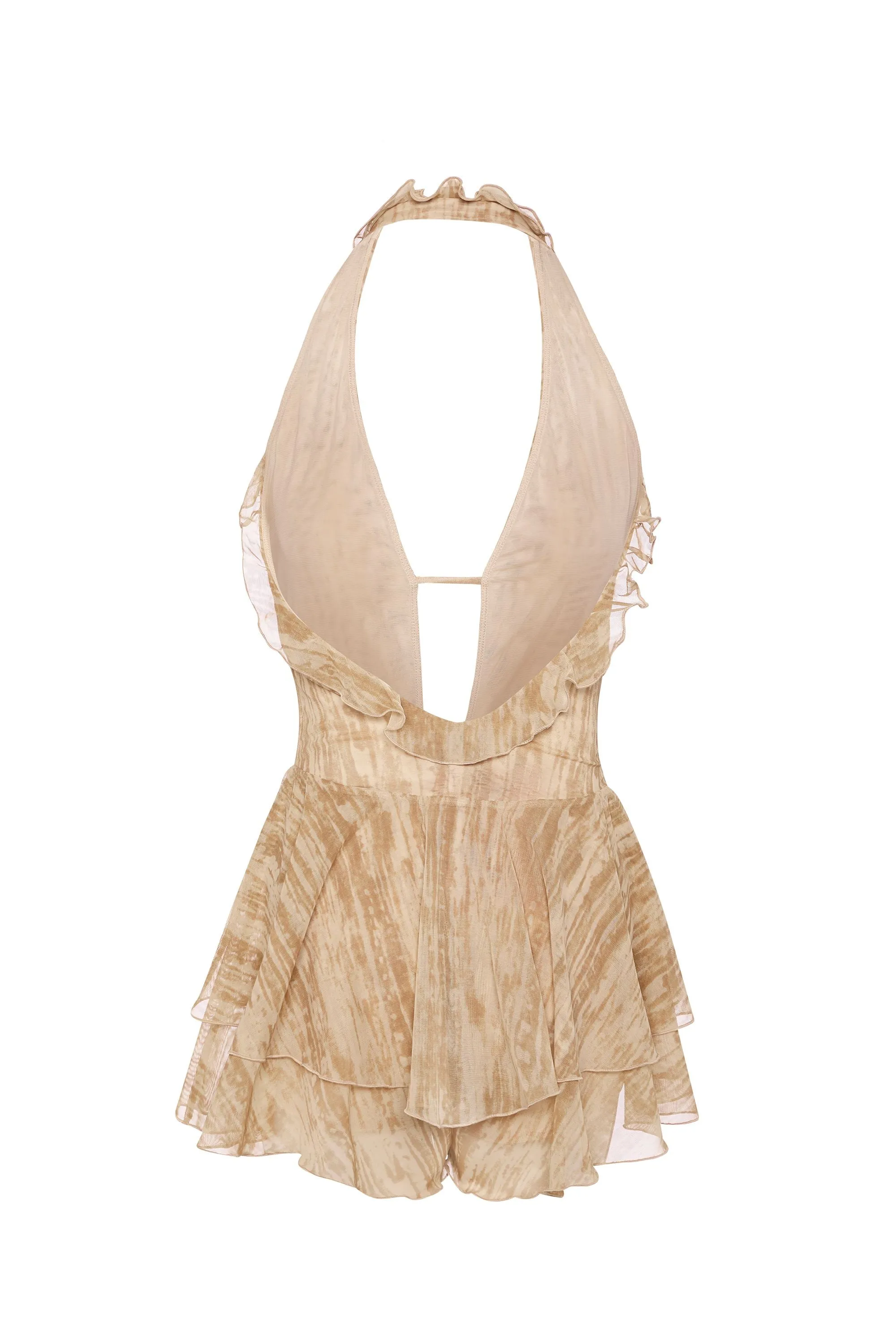 Ruffled Plunge Halterneck Playsuit in Tan Print sold by Oh Polly product image thumbnail 2