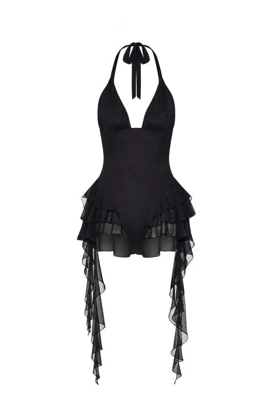 Ruffled Halterneck Bodysuit in Black sold by Oh Polly