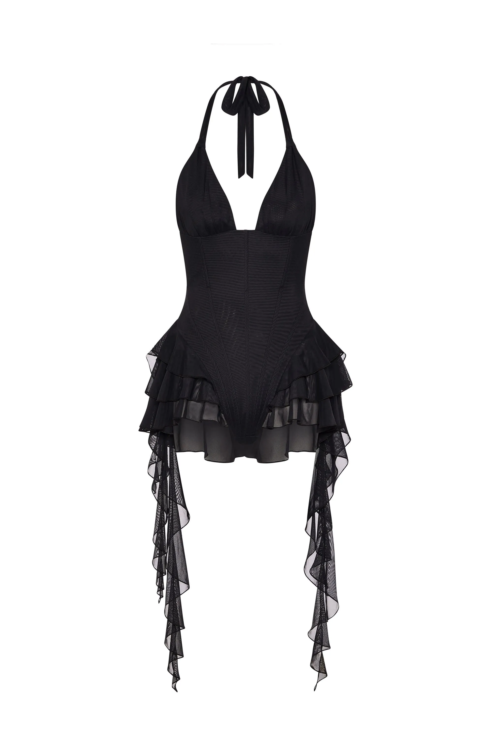 Ruffled Halterneck Bodysuit in Black sold by Oh Polly