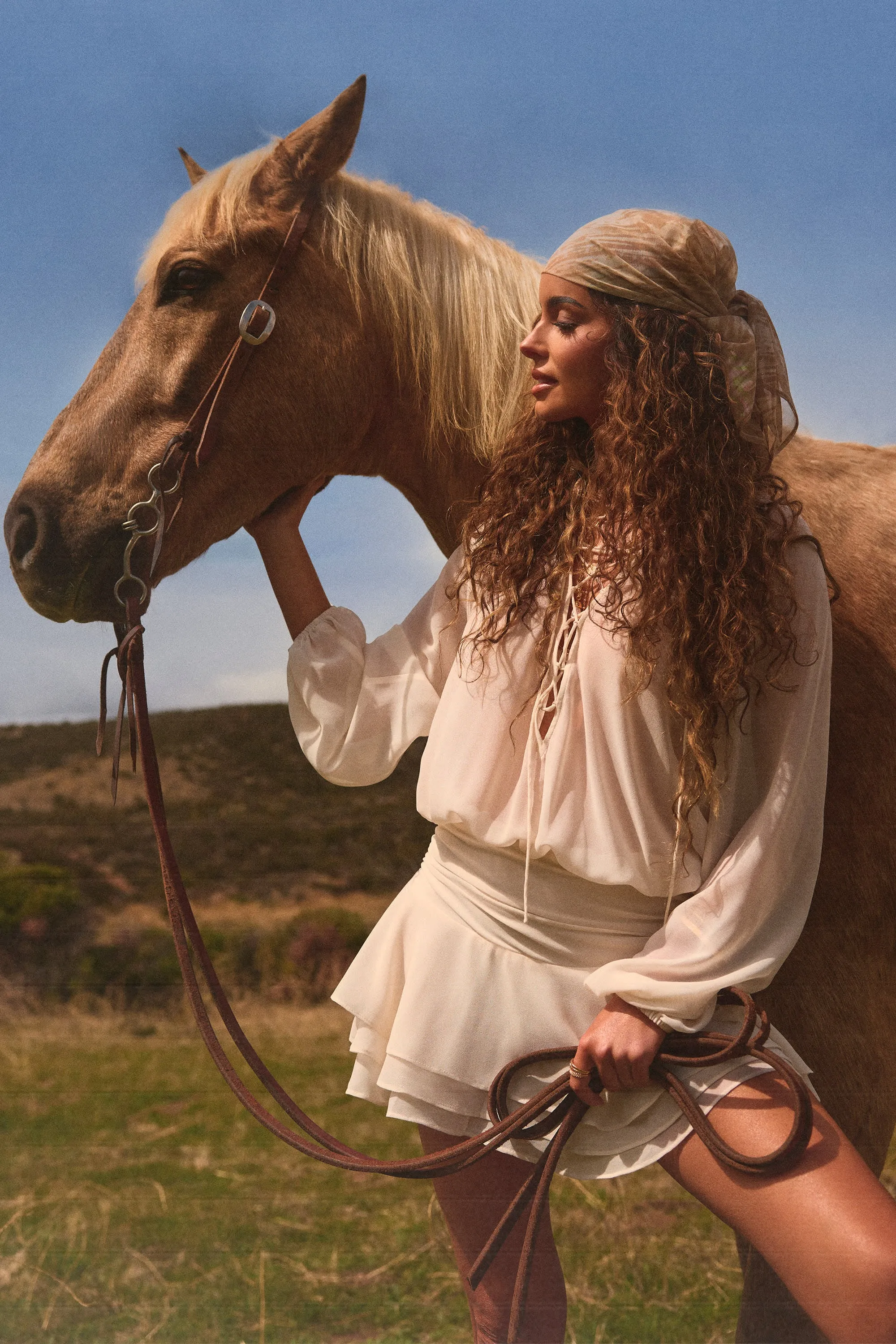 Lace-Up Balloon-Sleeve Mini Dress in Ivory sold by Oh Polly