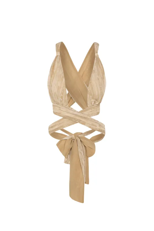 Ruched Halterneck Crop Top in Tan Print made by Oh Polly