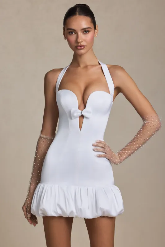 Bow-Detail Halterneck Bubble Hem Mini Dress in White sold by Oh Polly