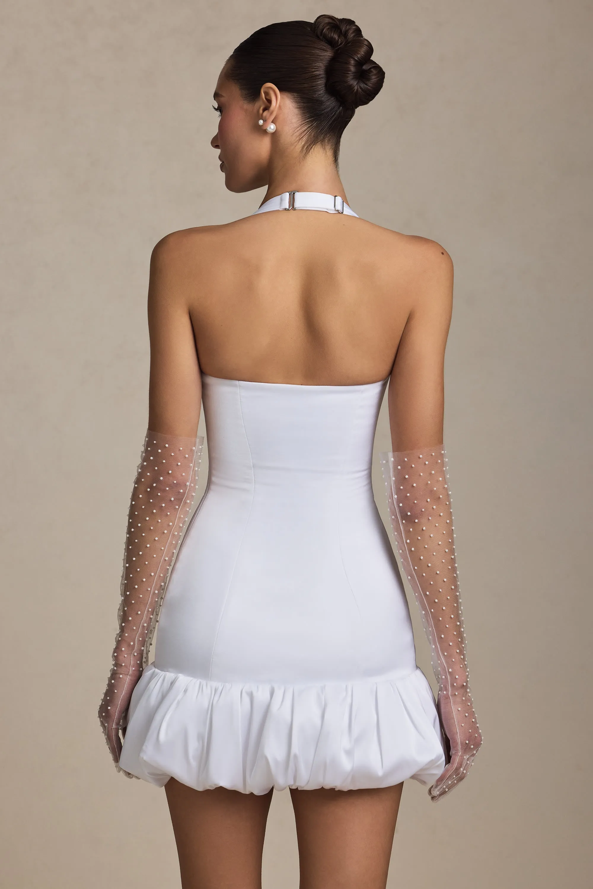 Bow-Detail Halterneck Bubble Hem Mini Dress in White sold by Oh Polly product image thumbnail 3