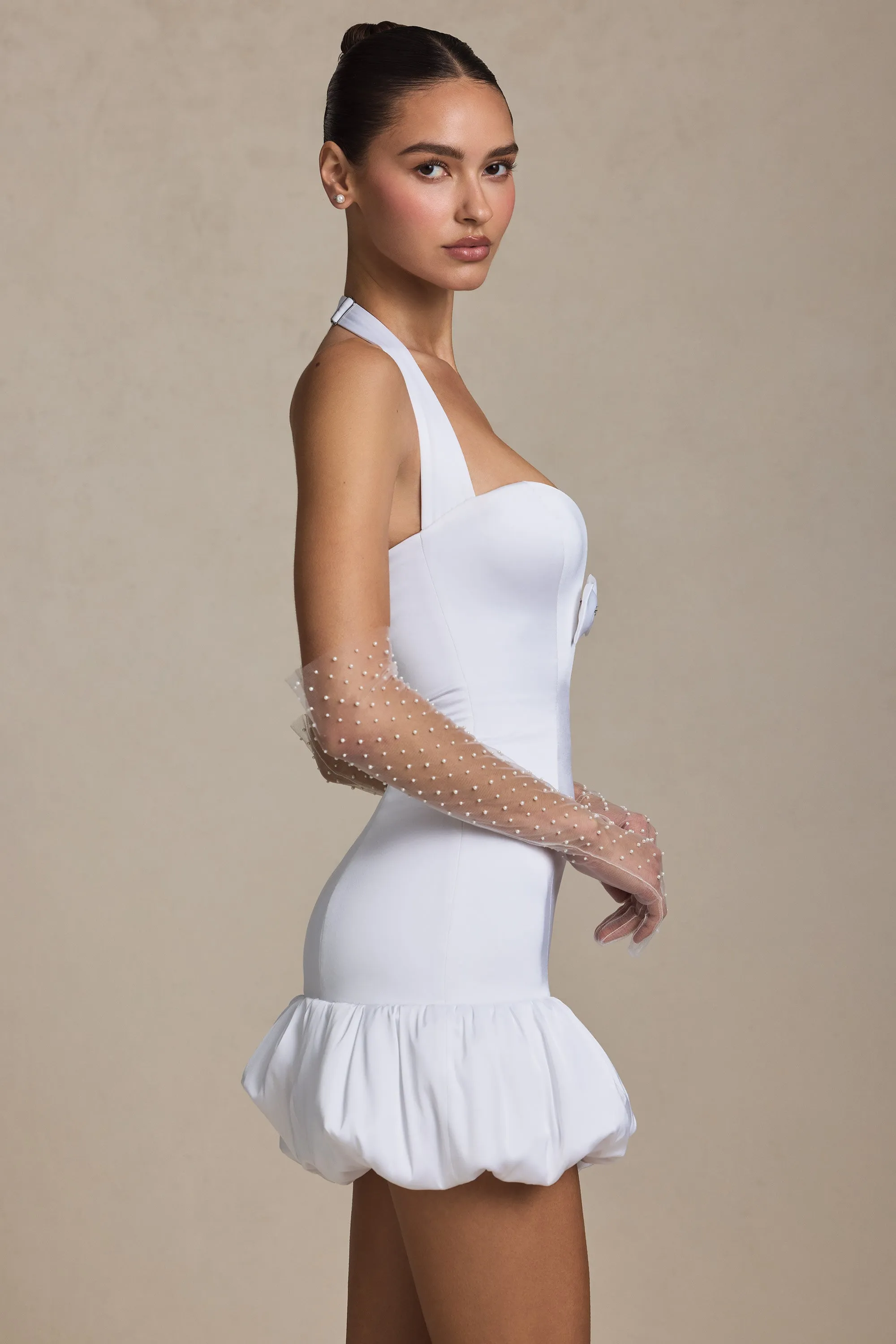 Bow-Detail Halterneck Bubble Hem Mini Dress in White sold by Oh Polly product image thumbnail 4