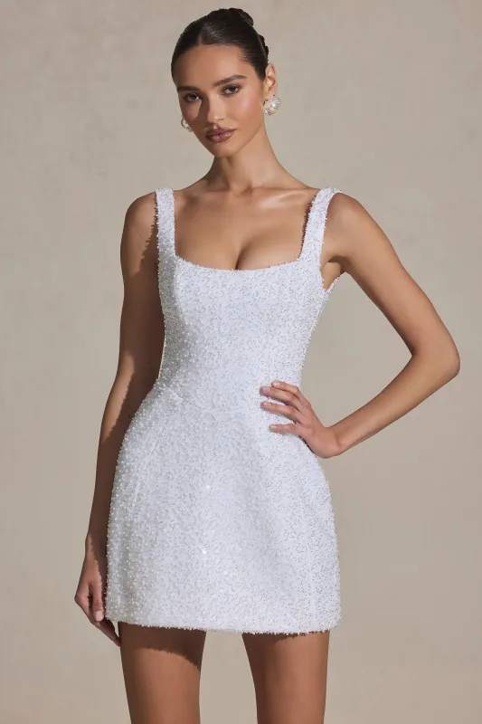 Embellished Structured A-Line Mini Dress in White sold by Oh Polly