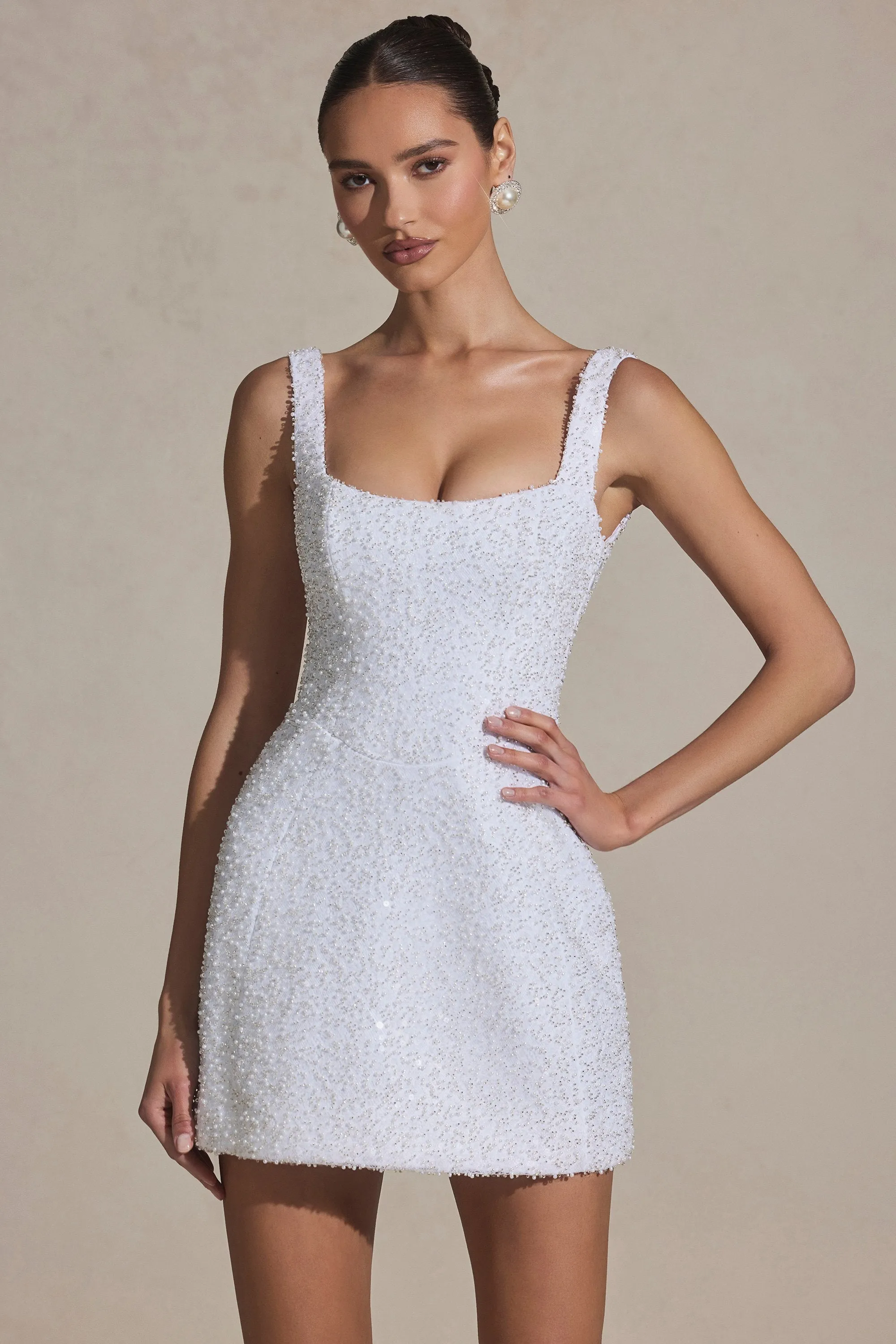 Embellished Structured A-Line Mini Dress in White sold by Oh Polly