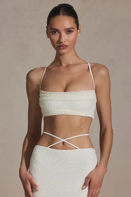 Embellished Cross Back Crop Top in White sold by Oh Polly