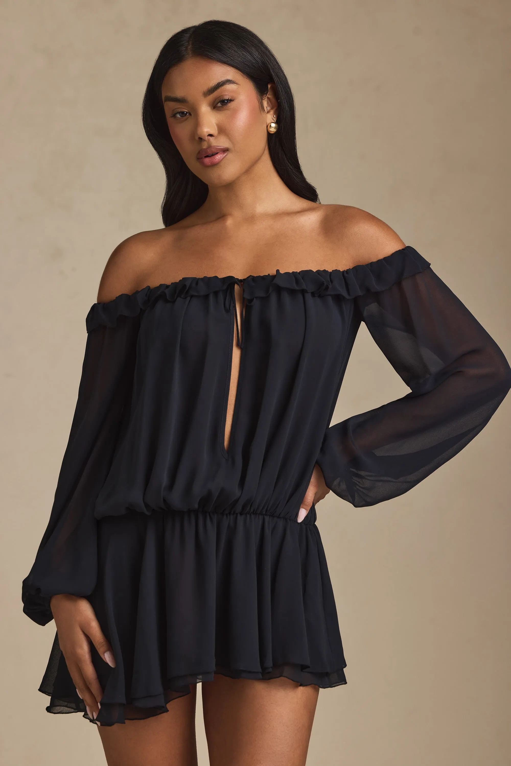 Off-Shoulder Asymmetric Balloon-Sleeve Mini Dress in Black sold by Oh Polly